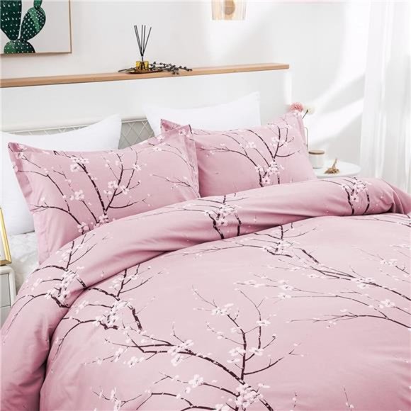 Floral Duvet Cover Set King, Pink Flower Plum Pattern Comforter Cover Set - Picture 3 of 6